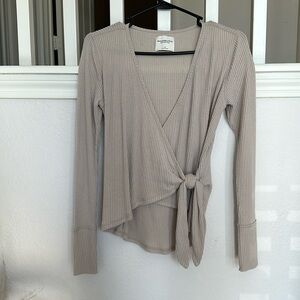 Abercrombie & Fitch Ribbed Knit Surplice Crossover Tie Front Long Sleeve Top